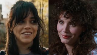 From left to right: Jenna Ortega smiling in Beetlejuice Beetlejuice and Geena Davis smiling in Beetlejuice.