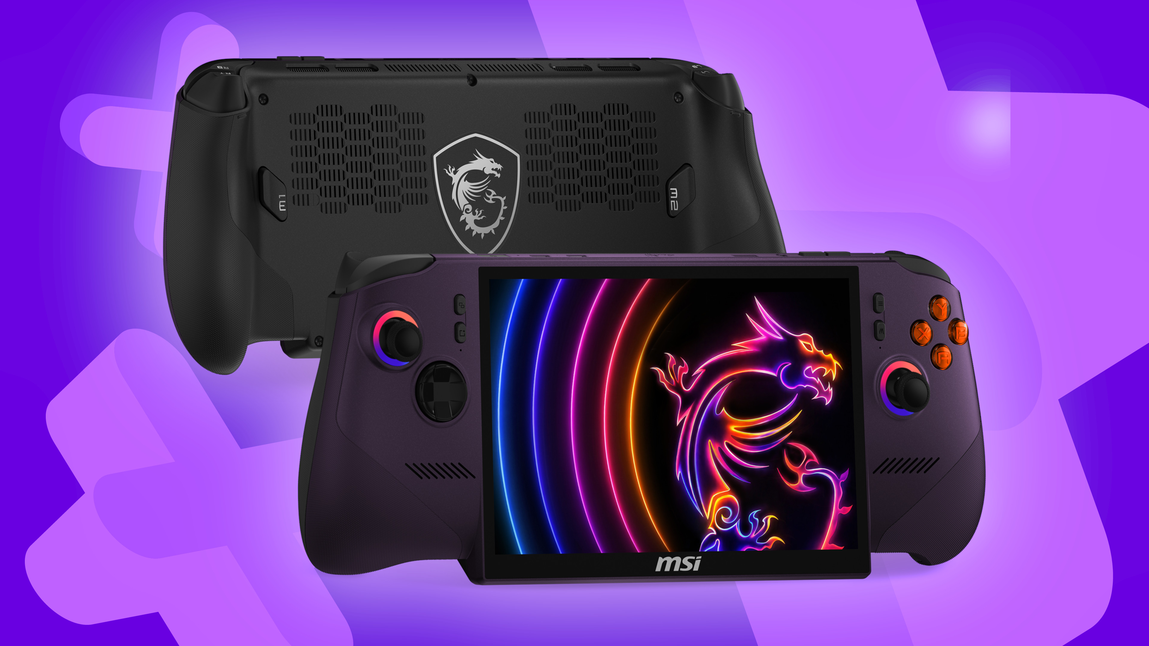 MSI Claw 8 EX AI+ handheld on a purple background