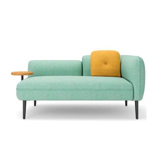 Modern compact sofa in mint upholstery with tray end and yellow cushion