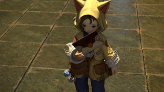 Krile, a member of the Students of Baldesion in FF14, considers a wax-sealed invitation in Final Fantasy 14: Dawntrail.