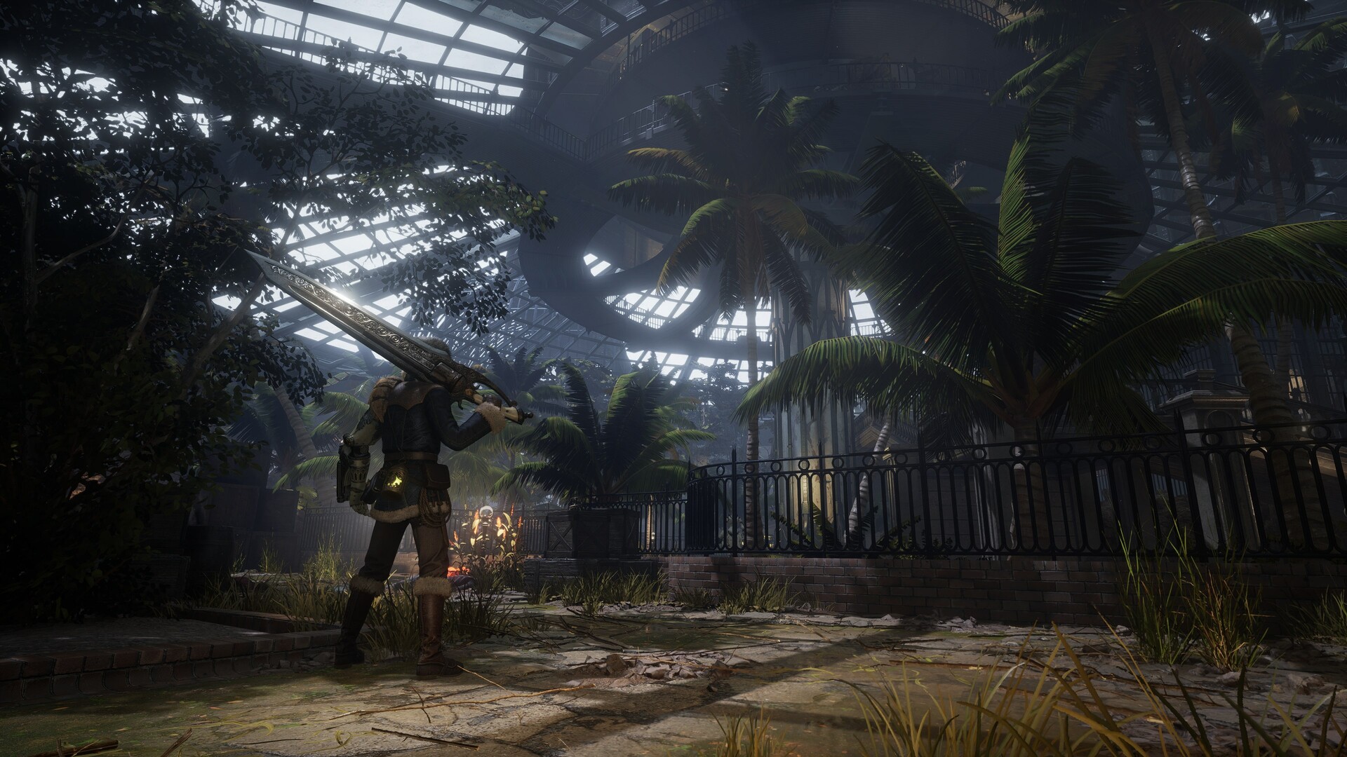 Lies of P: Overture screenshot featuring a character with a blade inside a steampunk-ish facility