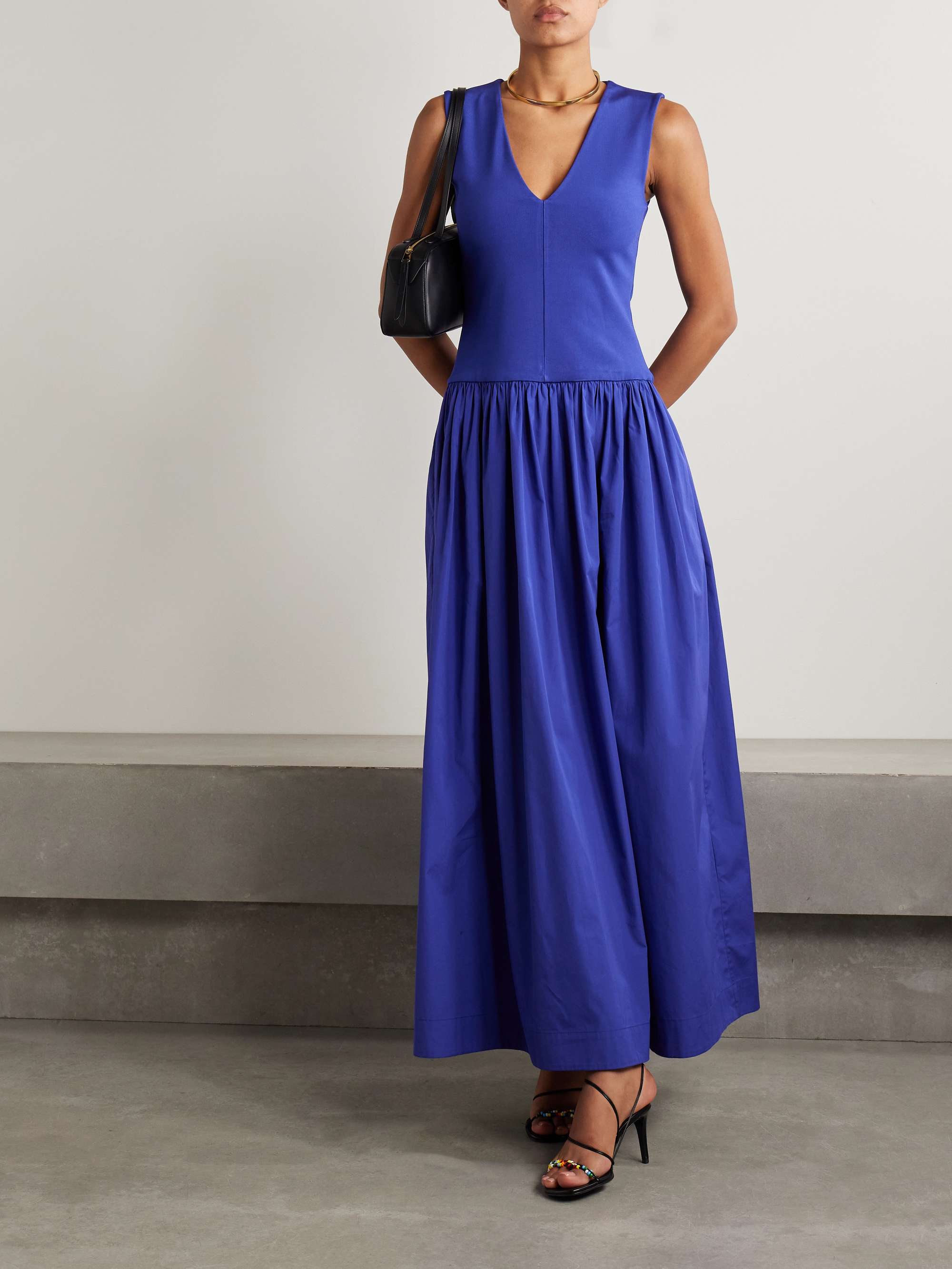 Stretch-Knit and Gathered Organic Cotton-Poplin Maxi Dress