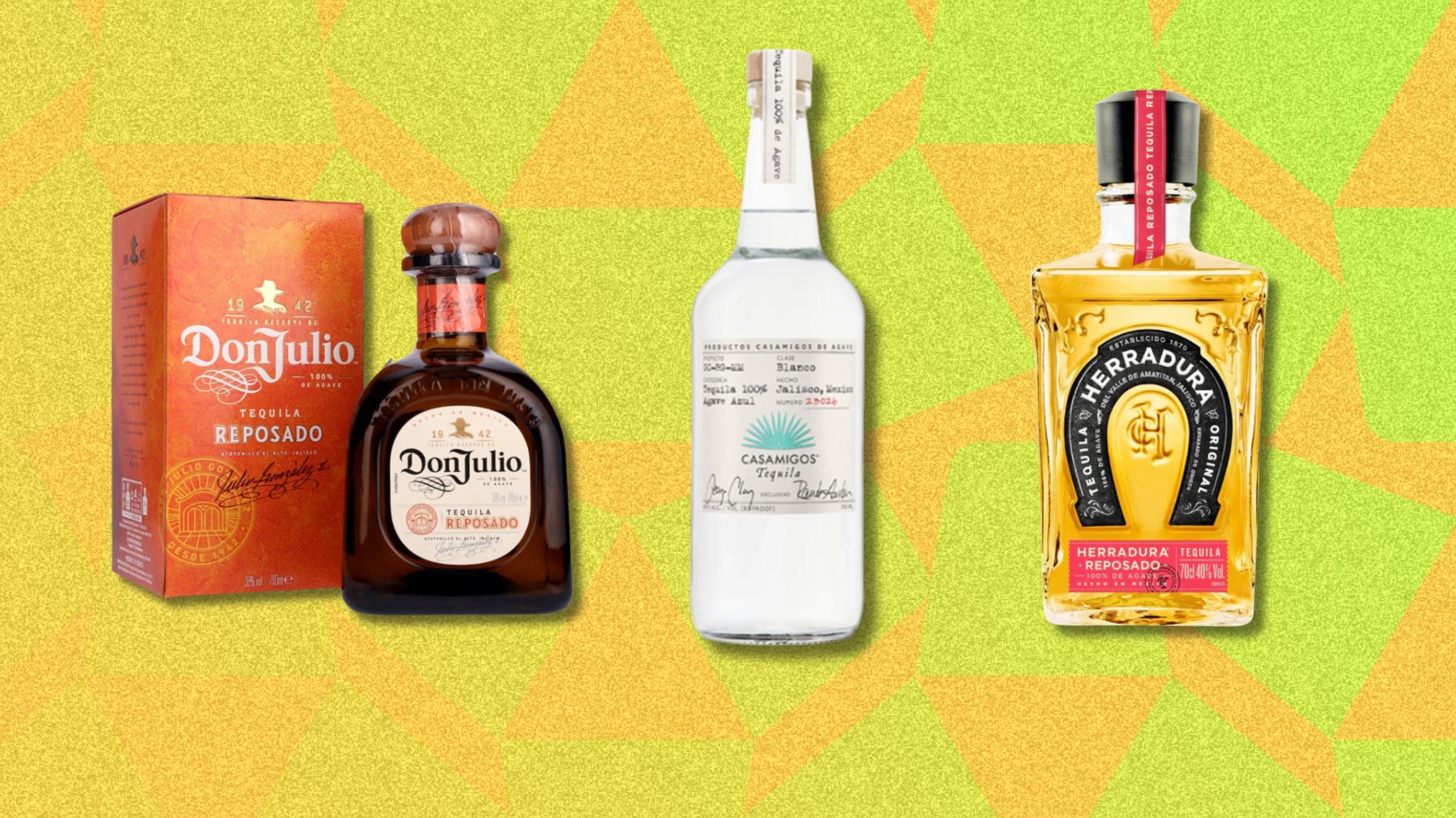 an image of three tequila bottles against a yellow patterned background. The bottles from left to right are: Don Julio reposado, Casamigos, and Herradura anejo