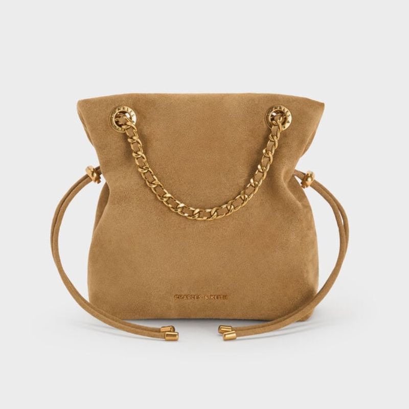 suede tan bag with gold chain