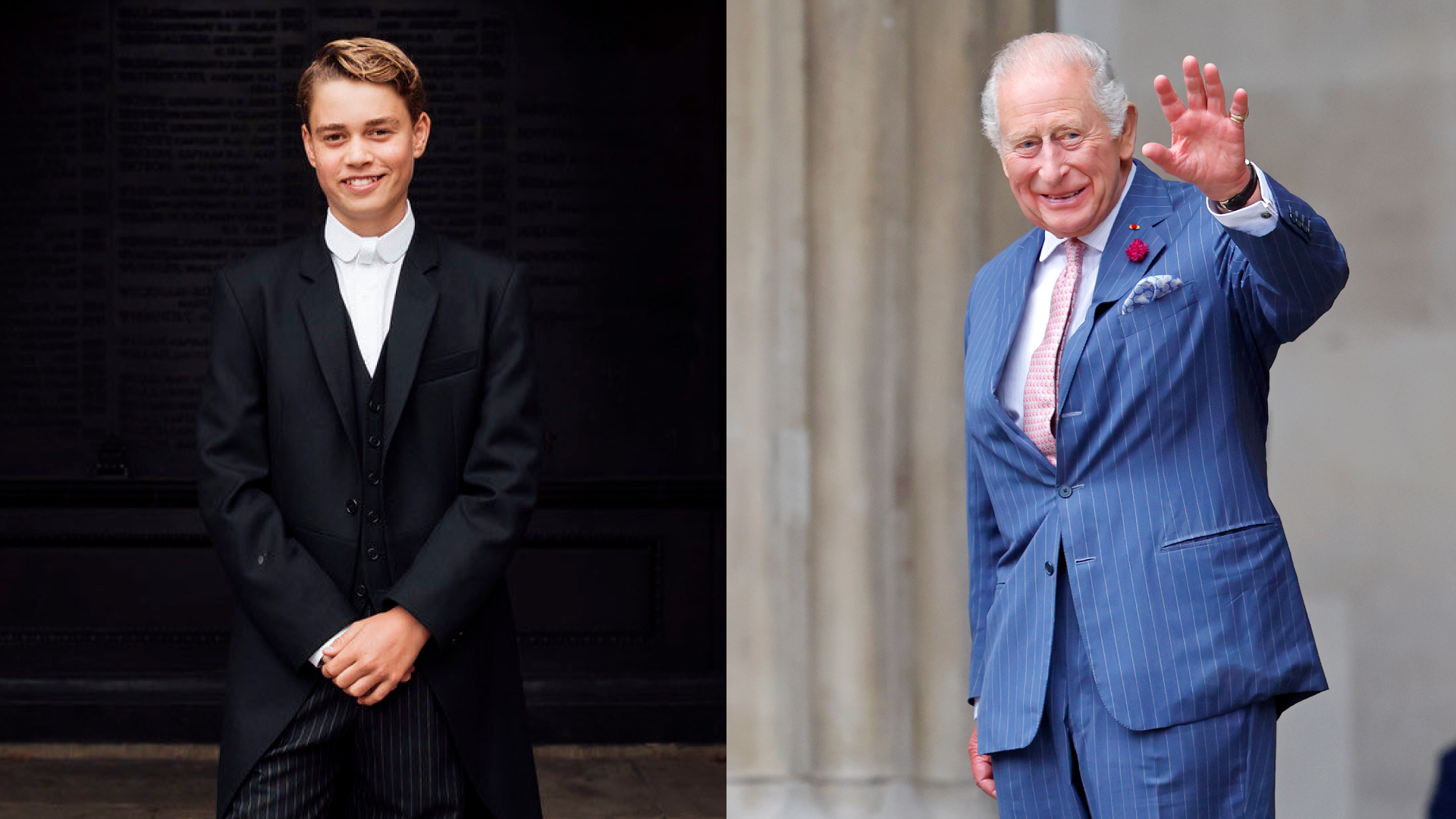 King Charles waving in a blue suit; Prince George wearing his Eton College uniform