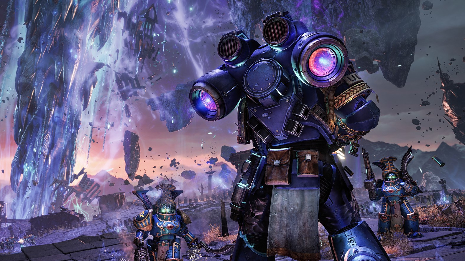 Screenshot from Warhammer 40,000 Space Marine 2 showing an Ultramarine taking on some chaos Space Marines