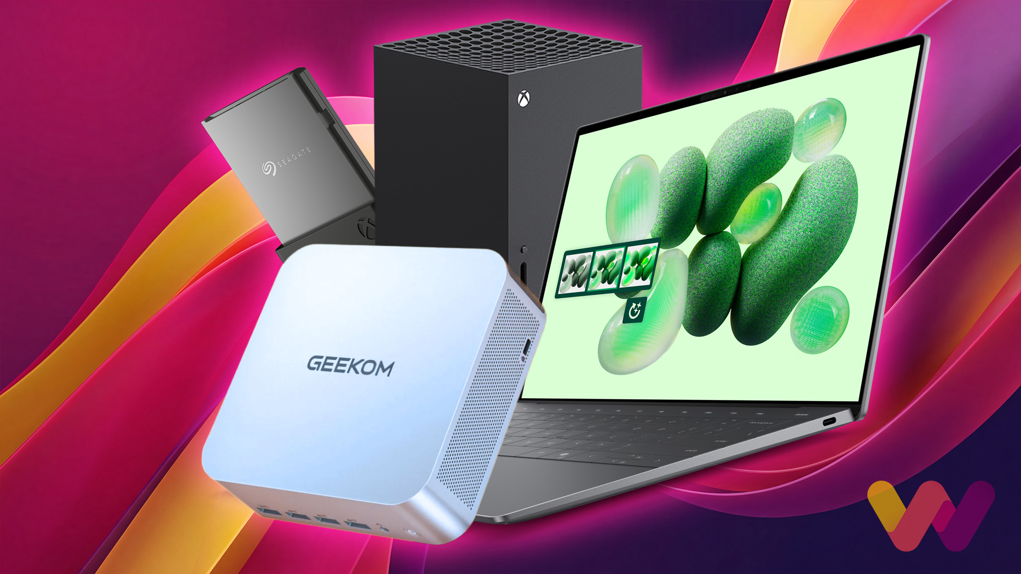 A collection of modern tech, including a Dell XPS 13 laptop, an Xbox Series X console, and a Geekom mini PC &mdash; arranged against a vibrant background with ribbons