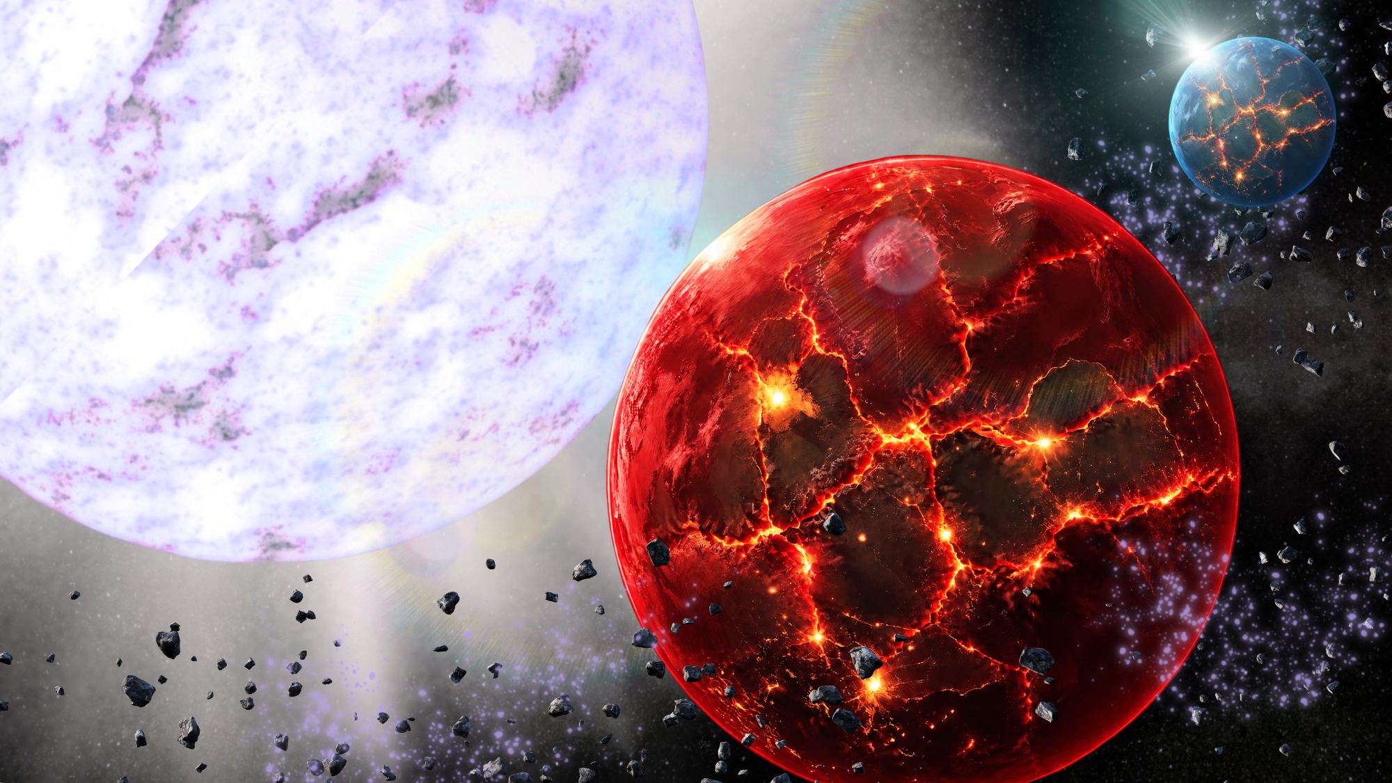 An illustration shows two 'zombie' exoplanets orbiting a dead star among the remains of their planetary siblings