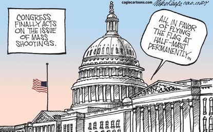 Political cartoon U.S. Congress guns flag half mast agreement