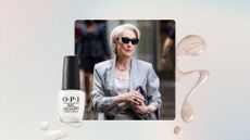 Meryl Streep is seen in character as Miranda Priestly, wearing a grey blazer, top and skirt, sunglasses and with a French tip manicure on her nails, whist filming 'The Devil Wears Prada 2' in Midtown on July 28, 2025 in New York City/ featured in a blue, green and pink gradient background, alongside a product shot of OPI's Funny Bunny nail polish and a pink and white nail polish spill.