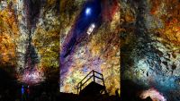 Three images of the inside of an empty magma chamber beneath Thr&iacute;hn&uacute;kag&iacute;gur volcano in Iceland. The walls are colored yellow, blue and purple.