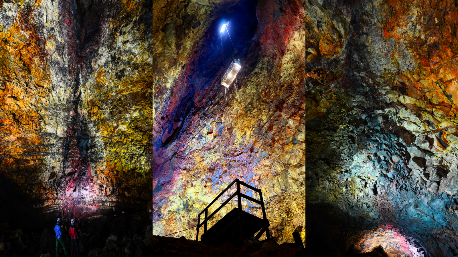 Three images of the inside of an empty magma chamber beneath Thr&iacute;hn&uacute;kag&iacute;gur volcano in Iceland. The walls are colored yellow, blue and purple.
