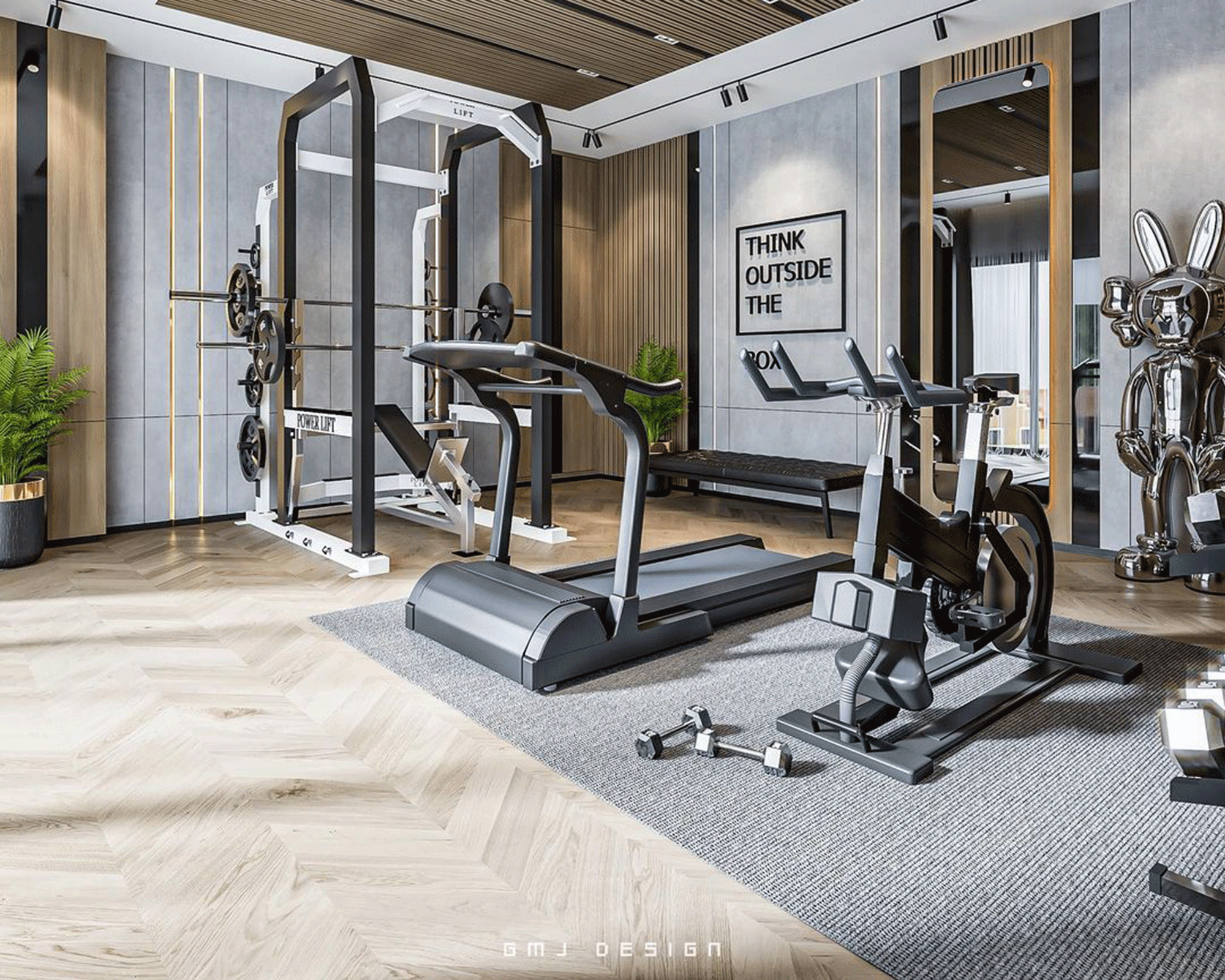 A home gym with treadmill, exercise bike, workout mirror and 'think outside the box' wall decor
