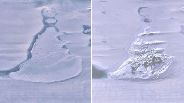 Two satellite images of the lake before (left) and after (right) its water vanished.