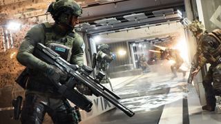 Soldiers react to an explosion in a futuristic hallway.