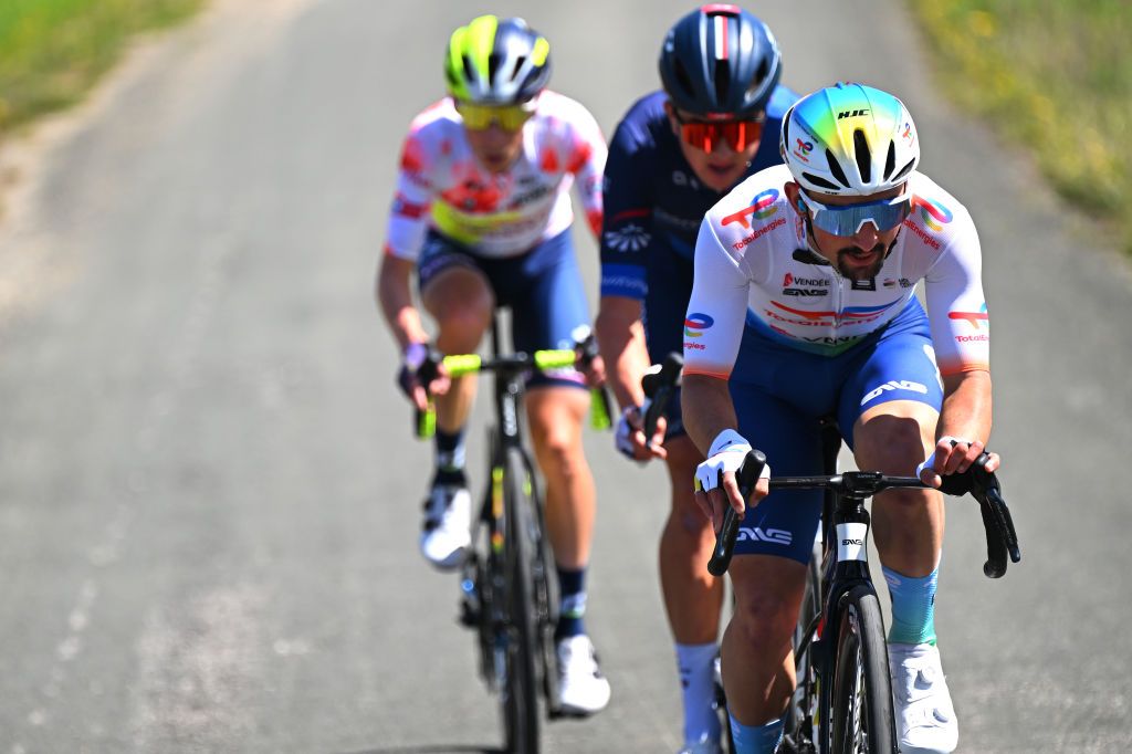 LEGUTIO SPAIN APRIL 04 Mathieu Burgaudeau of France and Team TotalEnergies competes in the breakaway during the 63rd Itzulia Basque Country 2024 Stage 4 a 1575km stage from Etxarri Aranatz to Legutio 550m UCIWT on April 04 2024 in Etxarri Legutio Spain Photo by Tim de WaeleGetty Images