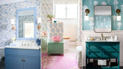 Coastal small bathroom ideas are so chic. Here are three of these - one with blue and white shell wallpaper, a gold mirror, and a blue vanity unit, one with a pink rug, white walls, and blue and white coral wallpaper, and the other with seafoam blue and white jellyfish walls, a mirror, and teal vanity unit