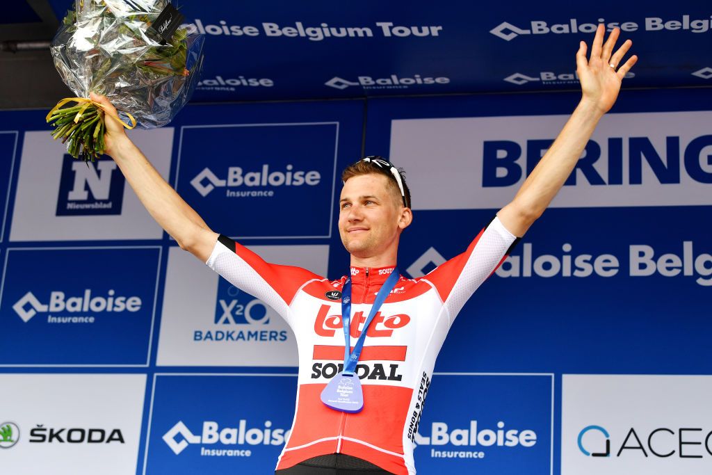 BERINGEN BELGIUM JUNE 19 Tim Wellens of Belgium and Team Lotto Soudal celebrates winning the second place on the podium ceremony after the 91st Baloise Belgium Tour 2022 Stage 5 a 1799km stage from Gingelom to Beringen BaloiseBelgiumTour on June 19 2022 in Beringen Belgium Photo by Luc ClaessenGetty Images