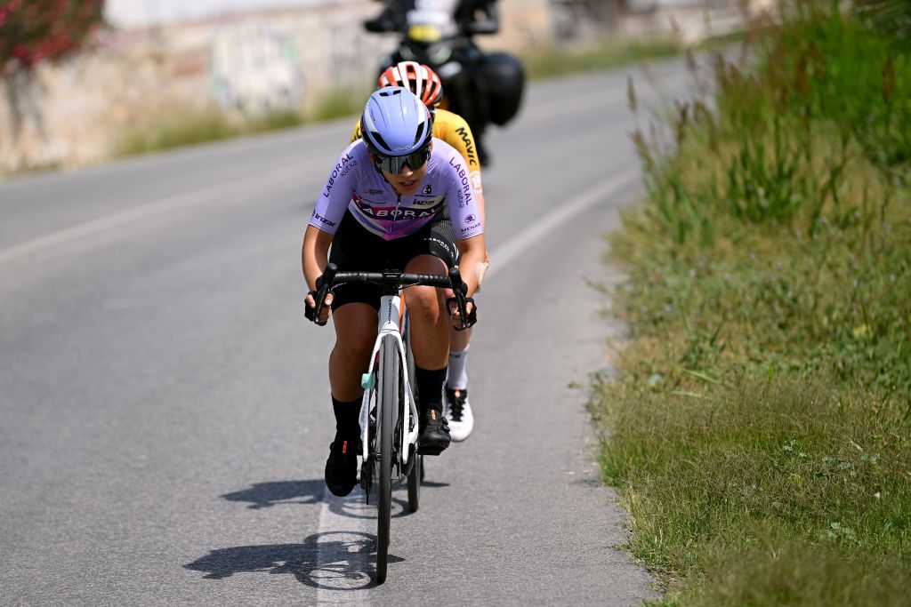 PILAR DE LA HORADADA SPAIN MAY 02 Yurani Blanco Calbet of Spain and Team Laboral KutxaFundacion Euskadi competes in the breakaway during the 9th La Vuelta Femenina 2023 Stage 2 a 1058km stage from Orihuela to Pilar de la Horadada UCIWWT on May 02 2023 in Pilar de la Horadada Spain Photo by Dario BelingheriGetty Images