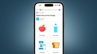 A phone on a blue background showing the Duolingo app