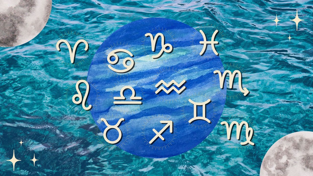 Representation of the zodiac signs against a backdrop of the moon and the sea