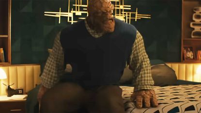 The Thing sitting on his bed sporting his big rocky beard in The Fantastic Four: First Steps