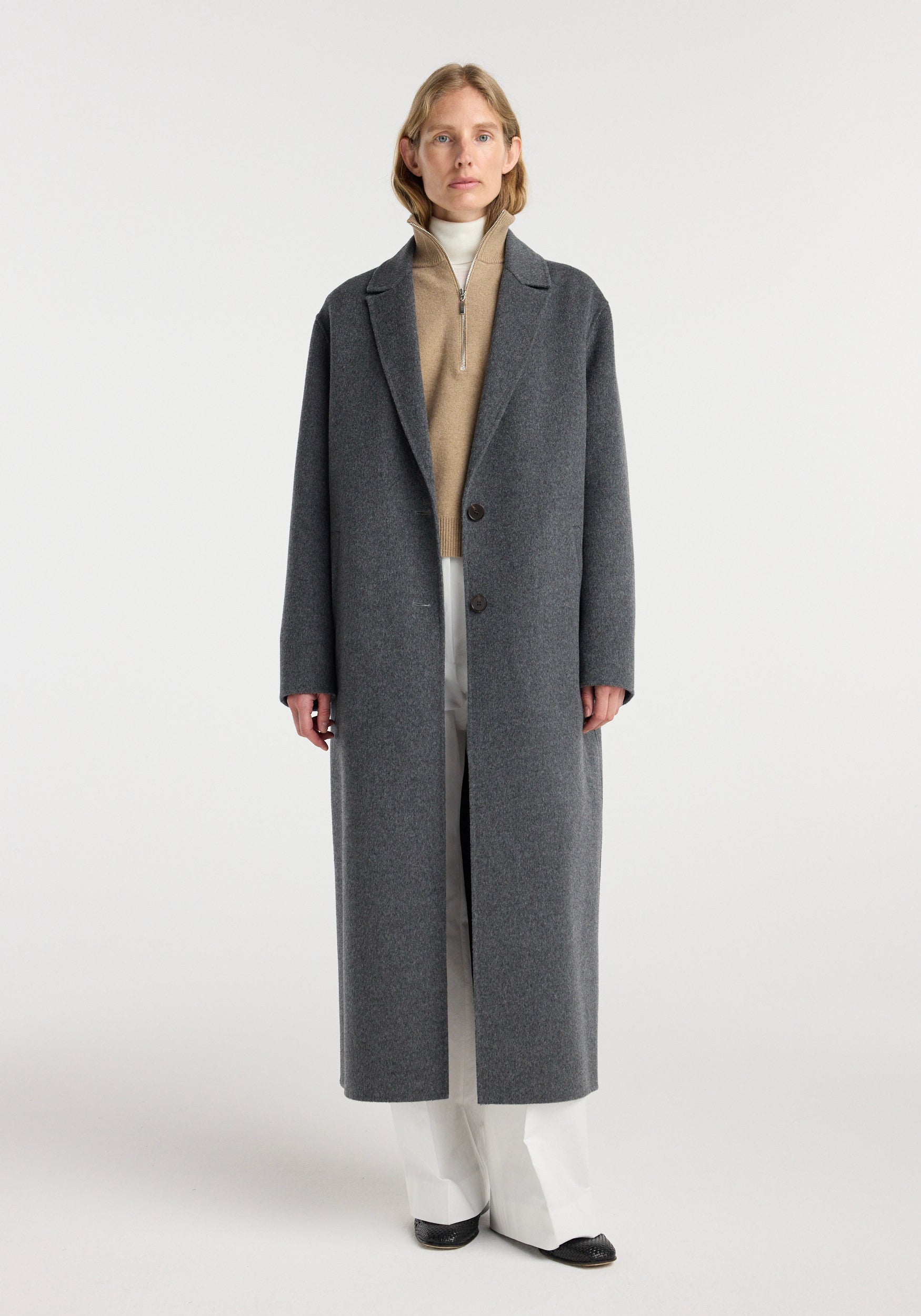 Double-Faced Wool Long Coat | Dark Grey Melange