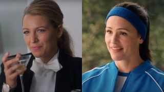 Blake Lively sipping a martini in A Simple Favor/Jennifer Garner in Yes Day (side by side)
