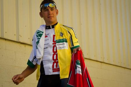 Patrick Bevin (Bissell) makes his way from the podium after claiming all three race leadership jerseys for race overall, points and best young rider.