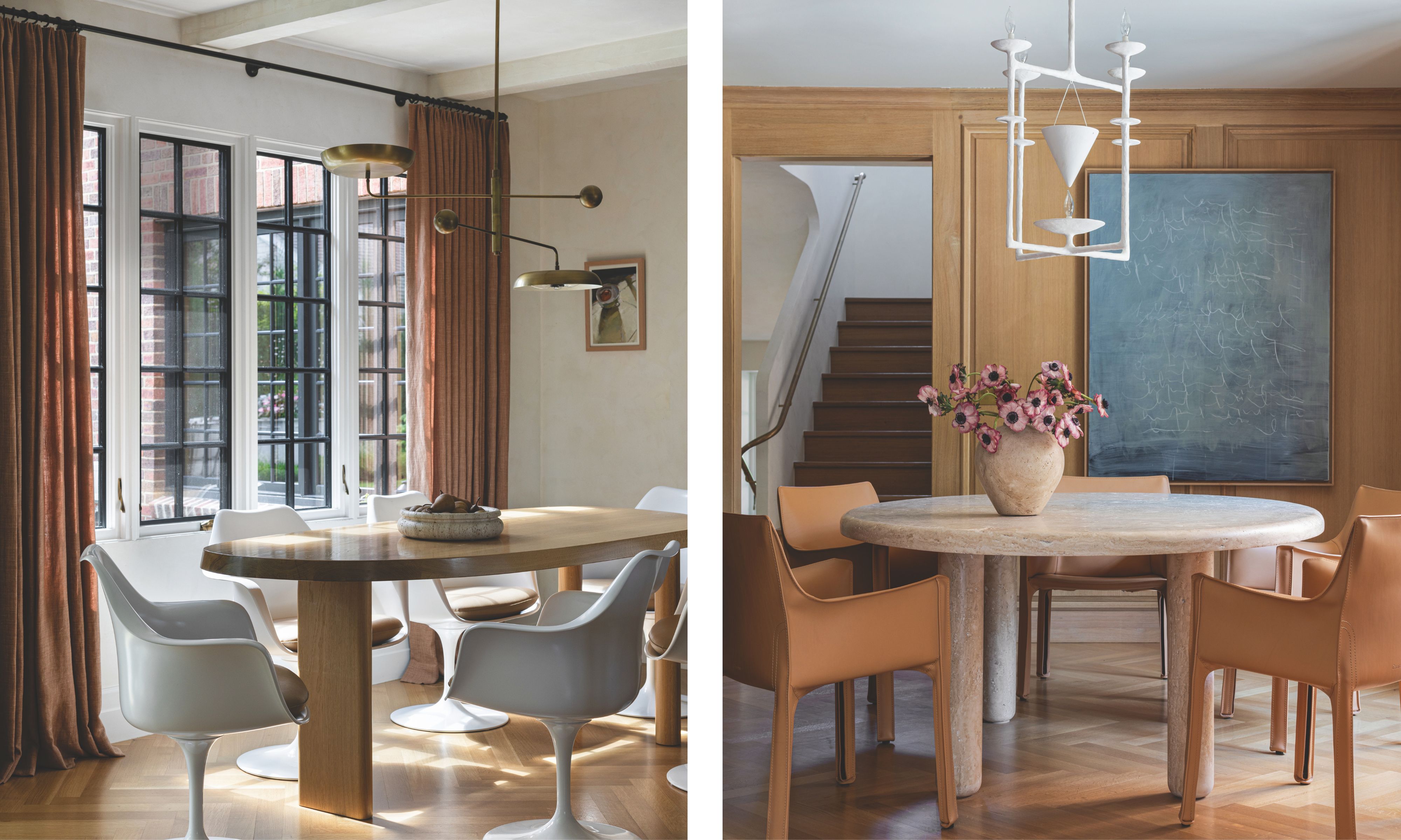 Left: A sunlit dining area with a light wood oval table and white Tulip-style chairs. Right: A formal dining room featuring a round stone table, tan leather chairs, and a white geometric chandelier against oak-paneled walls.