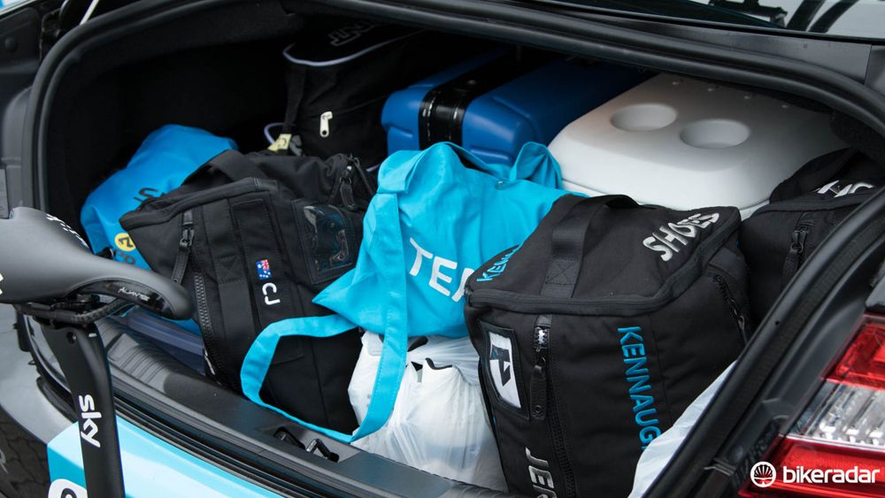 Team car boots are packed with spares for riders - Team Sky's was very well organised