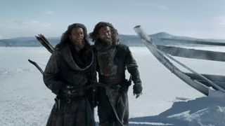Sam Corlett as Leif Eriksson, Leo Suter as Harald Sigurdsson in Vikings Valhalla season 2
