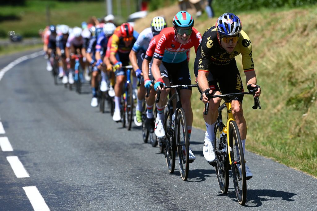 BELLEVILLEENBEAUJOLAIS FRANCE JULY 13 Wout Van Aert of Belgium and Team JumboVisma attacks during the stage twelve of the 110th Tour de France 2023 a 1688km stage from Roanne to Belleville en Beaujolais UCIWT on July 13 2023 in Belleville en Beaujolais France Photo by Tim de WaeleGetty Images
