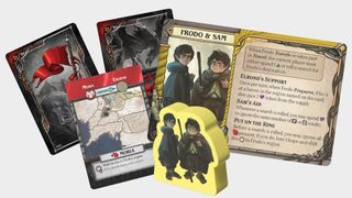 Physical cards and meeple for The Lord of the Rings: Fate of the Fellowship board game