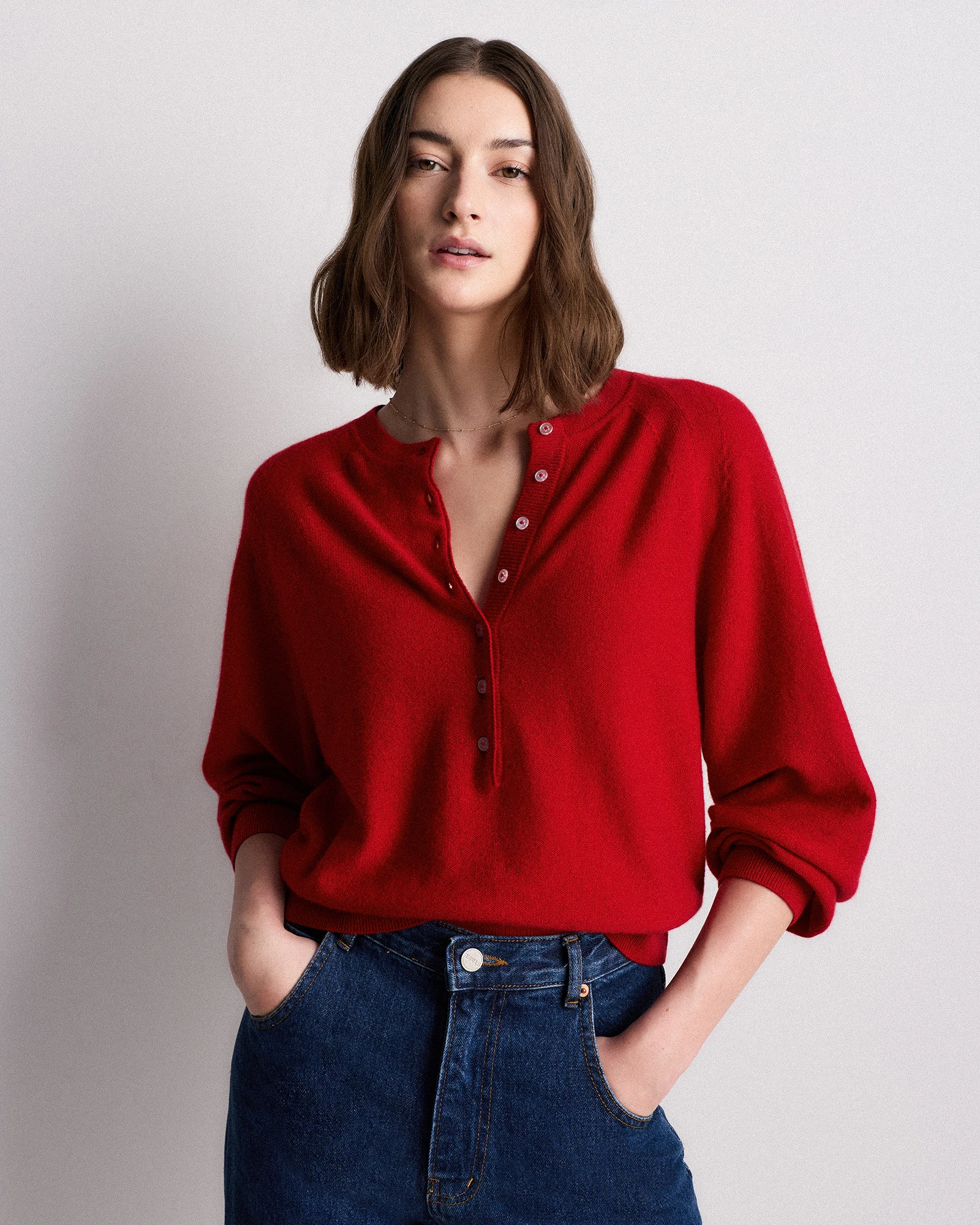 100% Mongolian Cashmere Dolman Sleeve Henley Sweater in Varsity Red