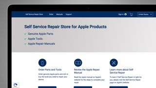 La pantalla de un portátil muestra la página de inicio del Autoservicio de Reparación de Apple