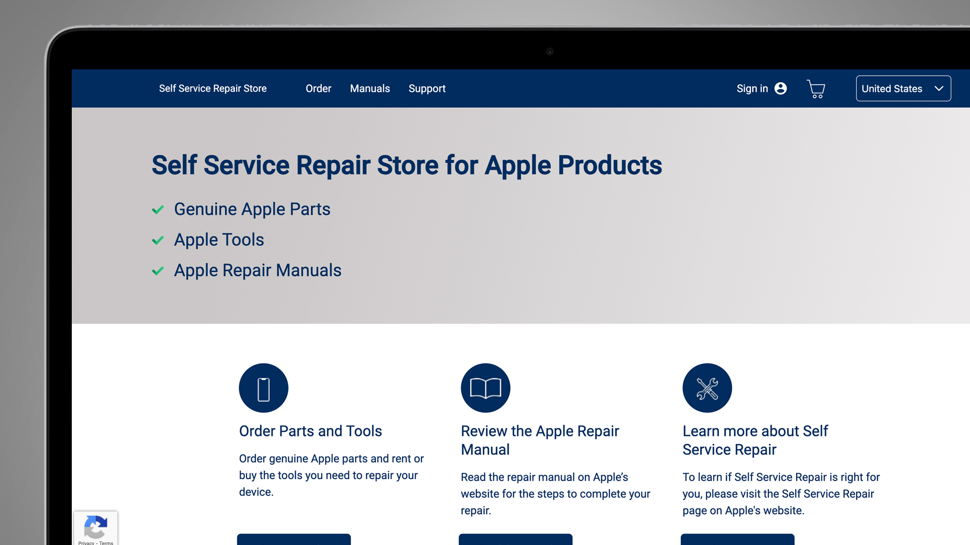 A laptop screen showing the Apple Self Service Repair homepage