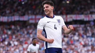 Declan Rice celebrating after scoring England's second goal against Andorra