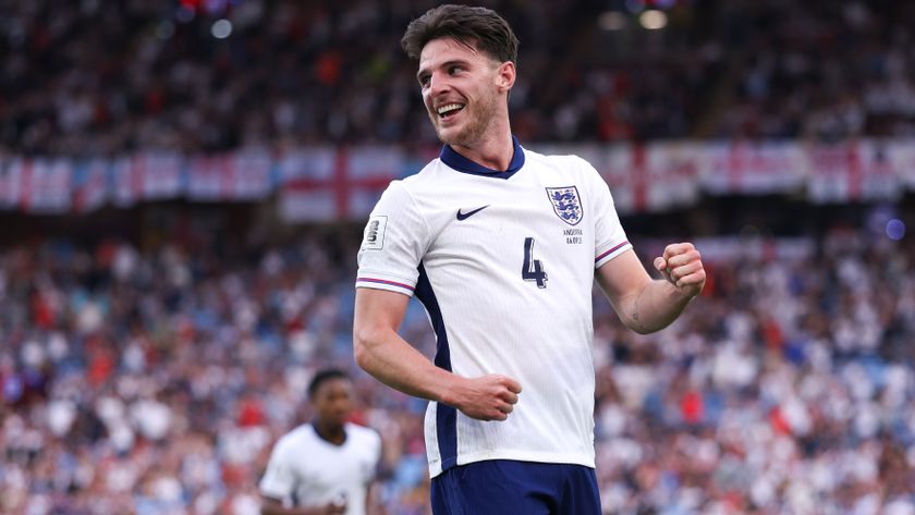 Declan Rice celebrating after scoring England&#039;s second goal against Andorra 