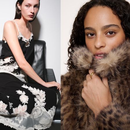 H&M, Banana Republic models wearing lace skirt and leopard jacket side by side