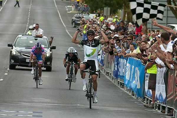 Simon Gerrans out sprints Matt Lloyd (far left) and Richie Porte to take the title.