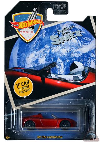 Hot Wheels' "Greetings from Space" Tesla Roadster blister pack.
