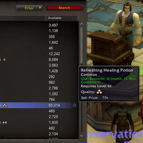 Multiple potions and food items in World of Warcraft are shown to have "restores 0 health" or "restores -0 health" in their tooltips.
