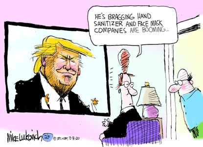Political Cartoon U.S. Trump COVID-19 Coronavirus company revenue face masks hand sanitizer bragging