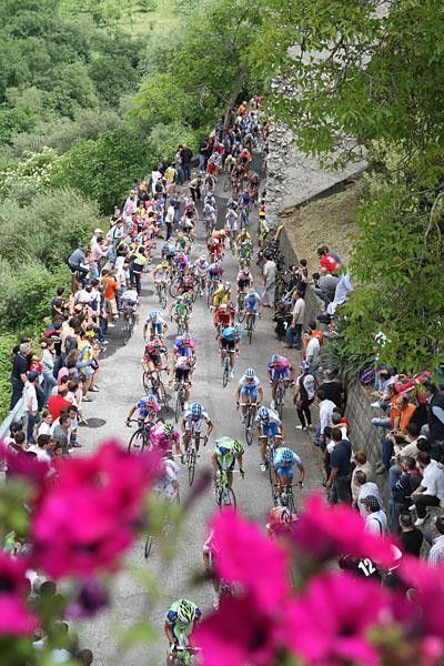 The front group attacks the climb.