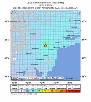 Map of where New Jersey earthquake was felt, with the quake's origin marked with a star