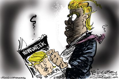 Political cartoon U.S. 2016 election Donald Trump Newsweek explosion Flint, Michigan