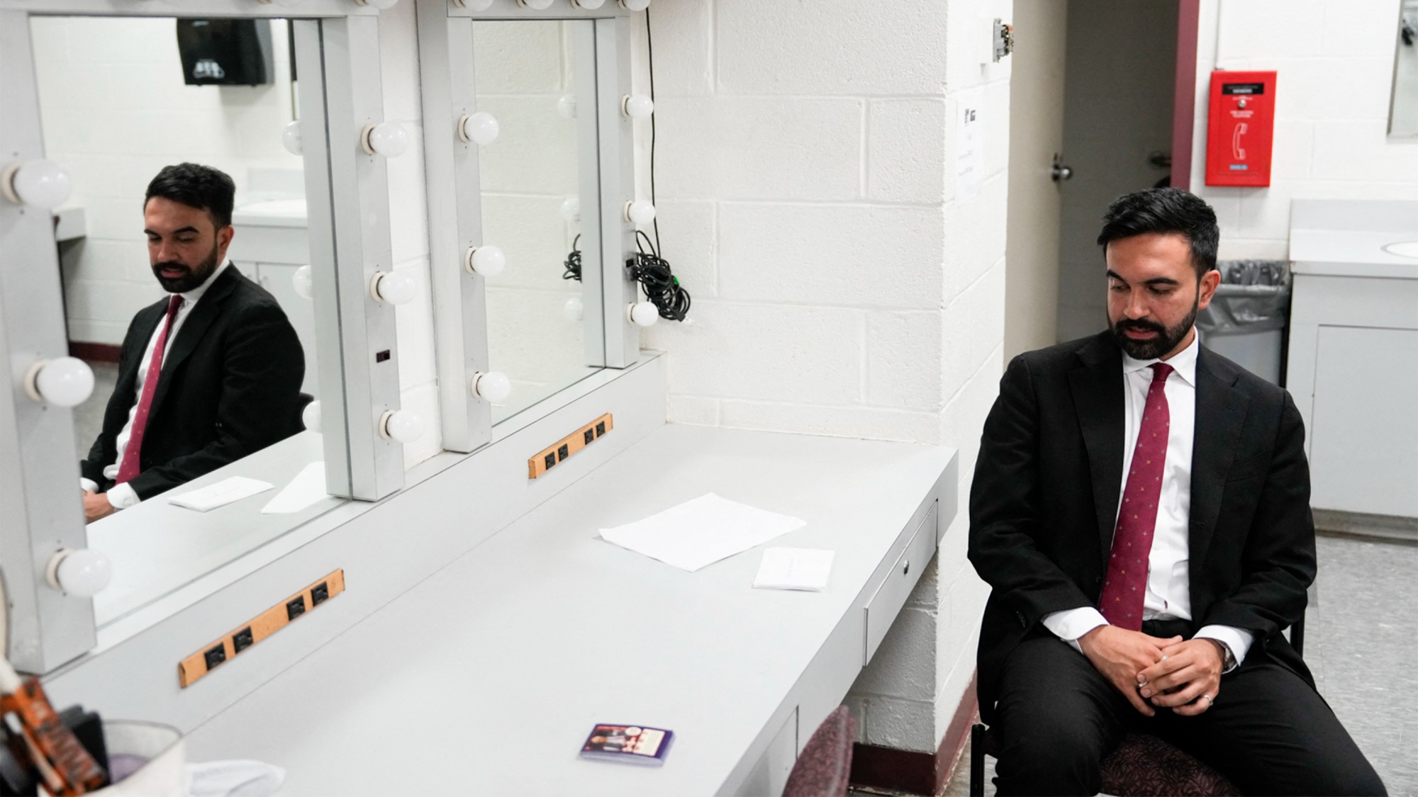 Assemblyman Zohran Mamdani prepares before the New York City Democratic Mayoral Primary Debate at the John Jay College of Criminal Justice on June 12, 2025, in New York City.