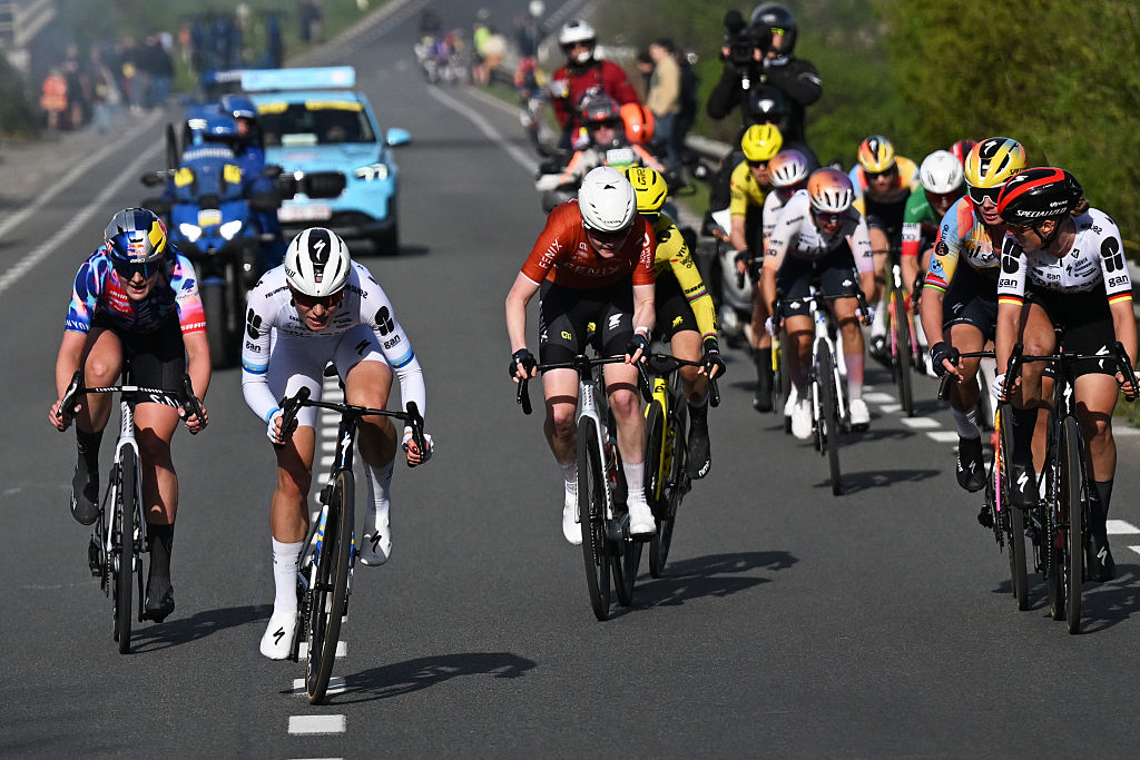 OUDENAARDE, BELGIUM - APRIL 05: (L-R) Zoe Backstedt of Great Britain and Team CANYON//SRAM zondacrypto, Demi Vollering of Netherlands and Team FDJ United - SUEZ, Puck Pieterse of Netherlands and Team Fenix-Premier Tech and Franziska Koch of Germany and Team FDJ United - SUEZ compete in the breakaway during the 23rd Tour of Flanders 2026 - Ronde van Vlaandere - Women's Elite a 164.1km one day race from Oudenaarde to Oudenaarde / #UCIWWT / on April 05, 2026 in Oudenaarde, Belgium. (Photo by Luc Claessen/Getty Images)