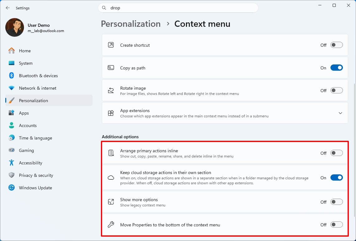 Windows 11 Settings Context menu Arrange primary actions inline option.
